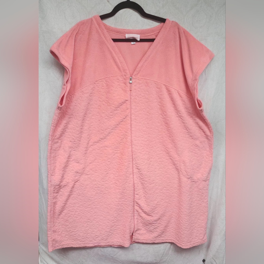 Stan Herman 3x Chenille House Coat Zip Front Peach Short Sleeve Comfort